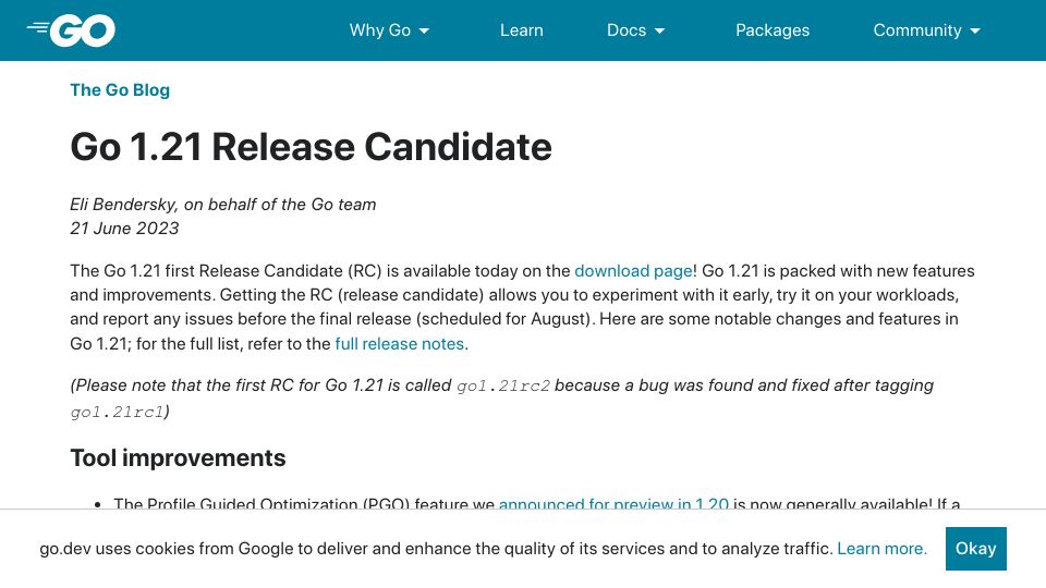 Screenshot of go.dev: Go 1.21 Release Candidate