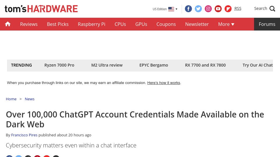 Screenshot of tomshardware.com: Over 100k ChatGPT Account Credentials Made Available on the Dark Web