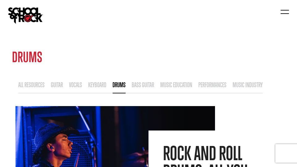 Screenshot of schoolofrock.com: Rock and Roll Drums: All You Need to Know