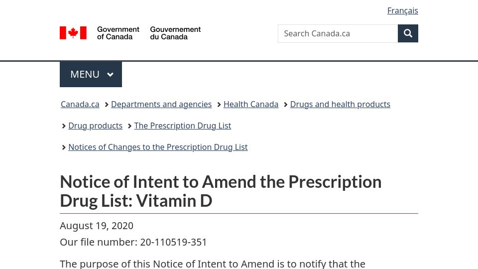 Screenshot of canada.ca: Notice of Intent to Amend the Prescription Drug List: Vitamin D (2020)
