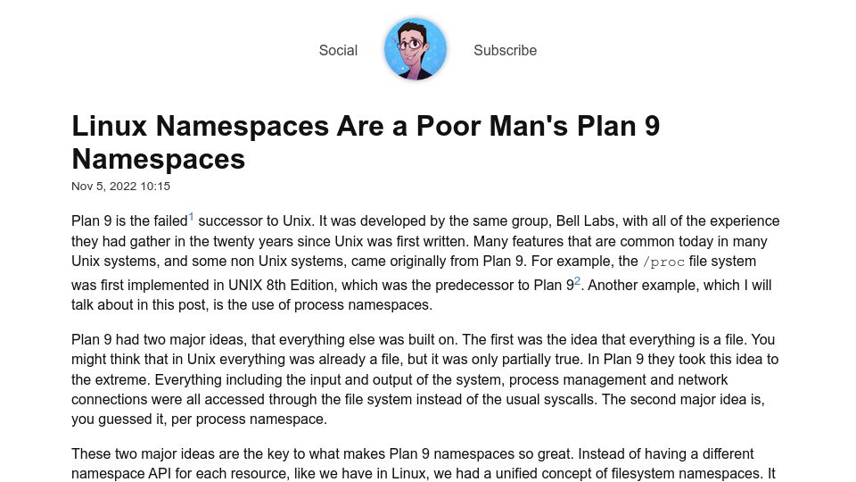 Screenshot of yotam.net: Linux Namespaces Are a Poor Man's Plan 9 Namespaces