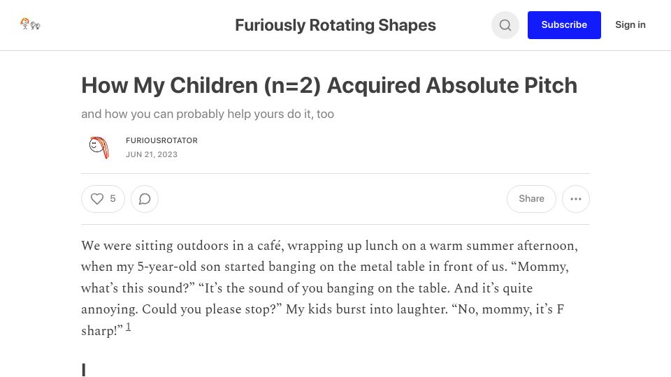 Screenshot of furiouslyrotatingshapes.substack.com: How my children (n=2) acquired absolute pitch