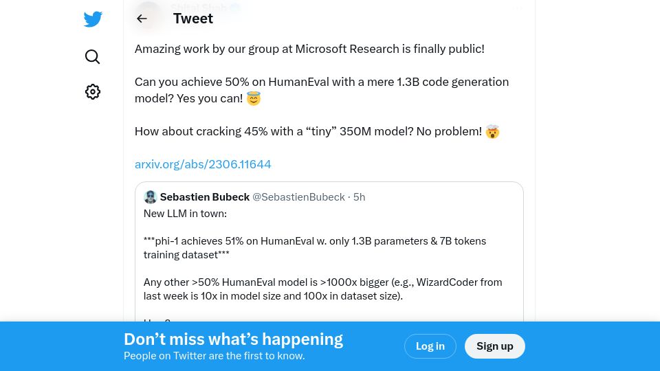 Screenshot of twitter.com: 50% on HumanEval with just 1.3B model