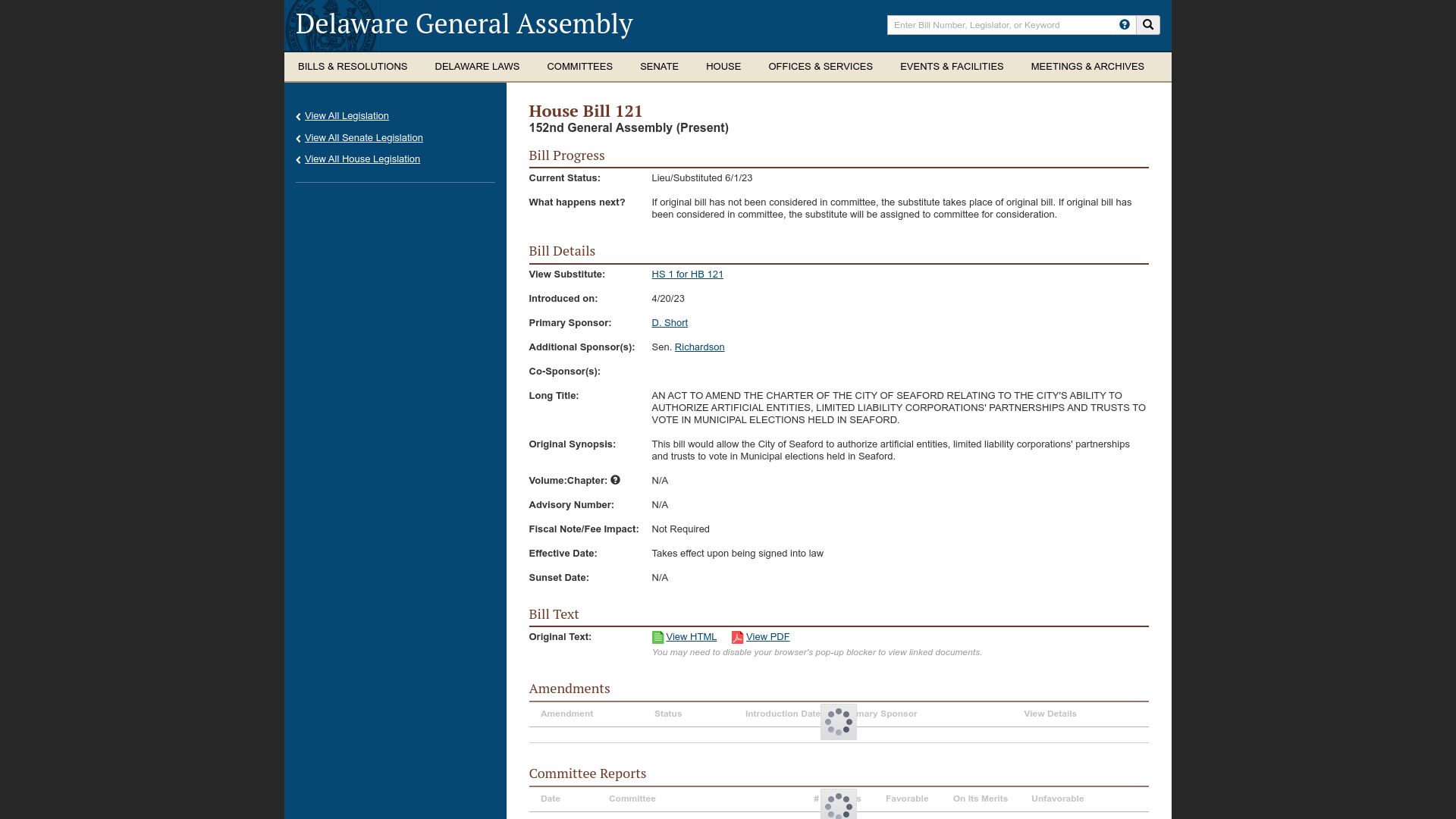 Screenshot of legis.delaware.gov: Delaware bill (HB 121) to allow corporations to vote in elections