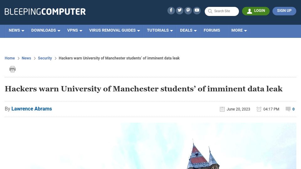 Screenshot of bleepingcomputer.com: Hackers warn University of Manchester students’ of imminent data leak