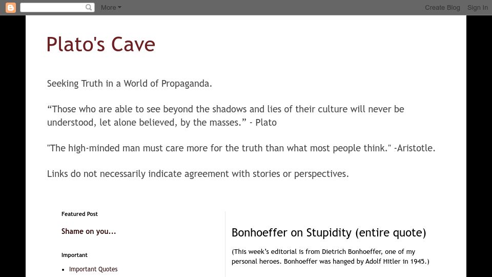Screenshot of platoscave.org: Dietrich Bonhoeffer on stupidity (1943)