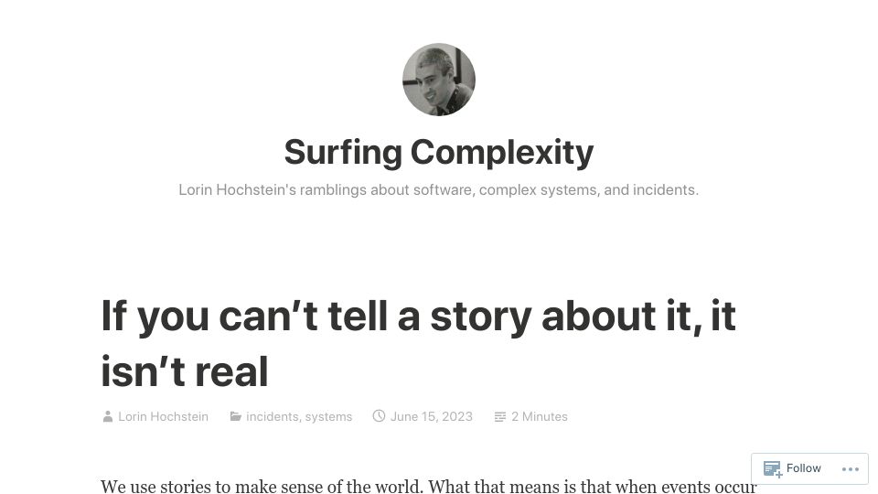 Screenshot of surfingcomplexity.blog: If you can’t tell a story about it, it isn’t real