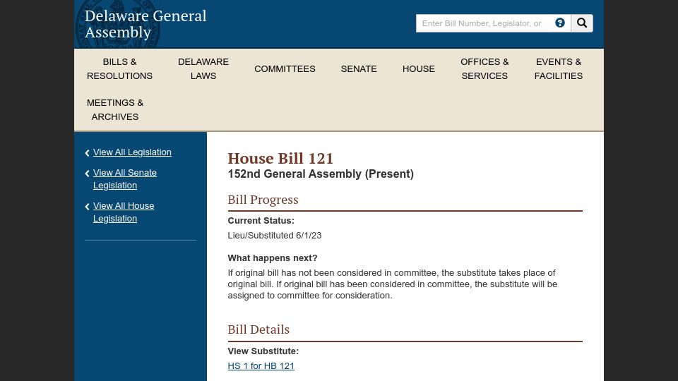 Screenshot of legis.delaware.gov: Delaware bill (HB 121) to allow corporations to vote in elections