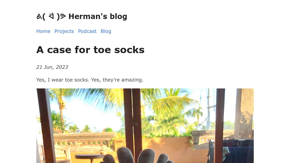 Screenshot of herman.bearblog.dev: A case for toe socks