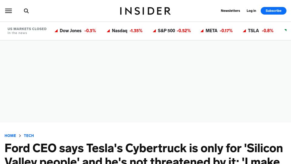 Screenshot of businessinsider.com: Ford CEO: Tesla's Cybertruck Is Only for 'Silicon Valley People'