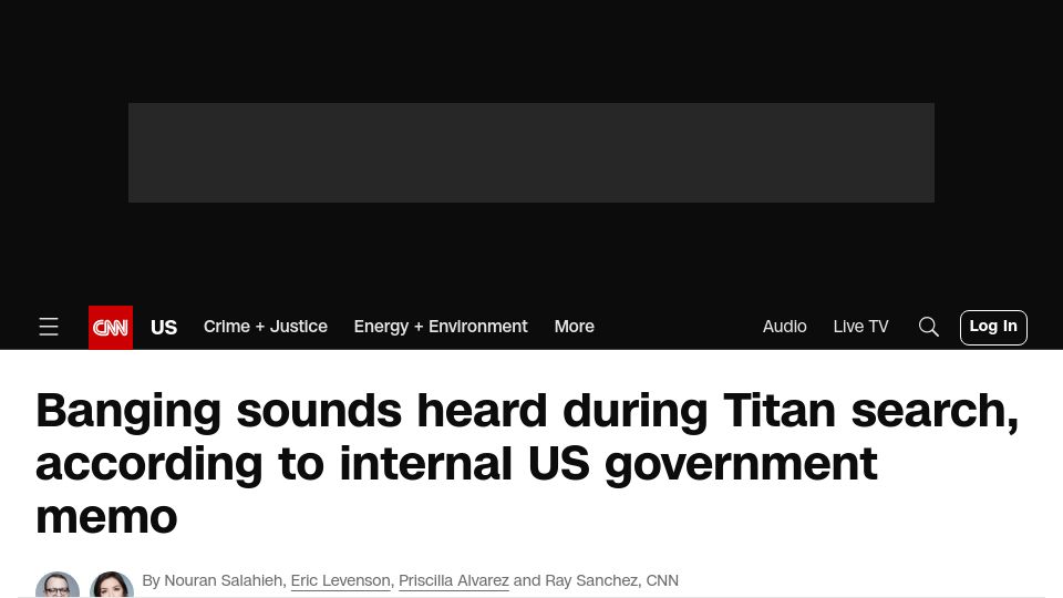 Screenshot of cnn.com: Banging sounds heard during Titan search, according to internal government memo