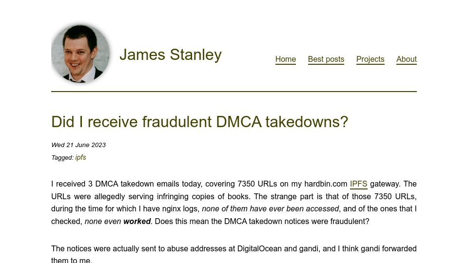 Screenshot of incoherency.co.uk: Did I receive fraudulent DMCA takedowns?