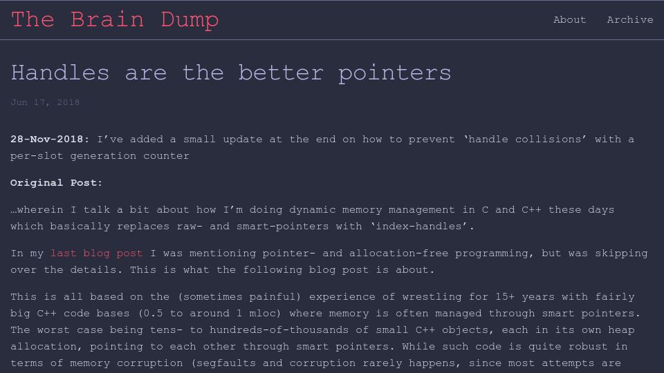 Screenshot of floooh.github.io: Handles are the better pointers (2018)