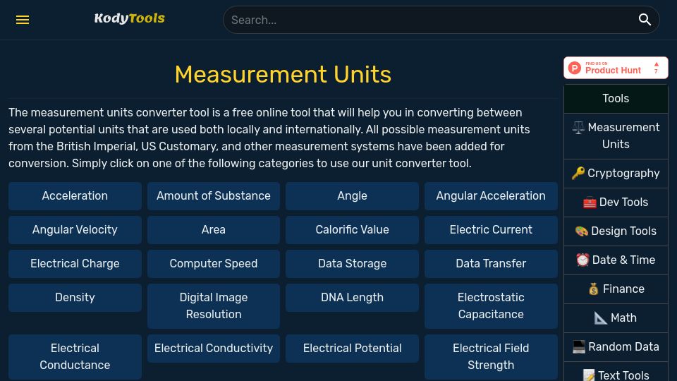 Screenshot of kodytools.com: Show HN: I created Units Converter that contains 5000 units across 78 categories