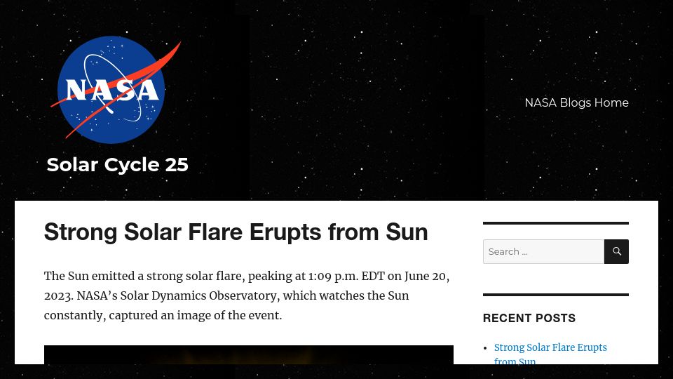 Screenshot of blogs.nasa.gov: Strong Solar Flare Erupts from Sun on Jun 20, 2023