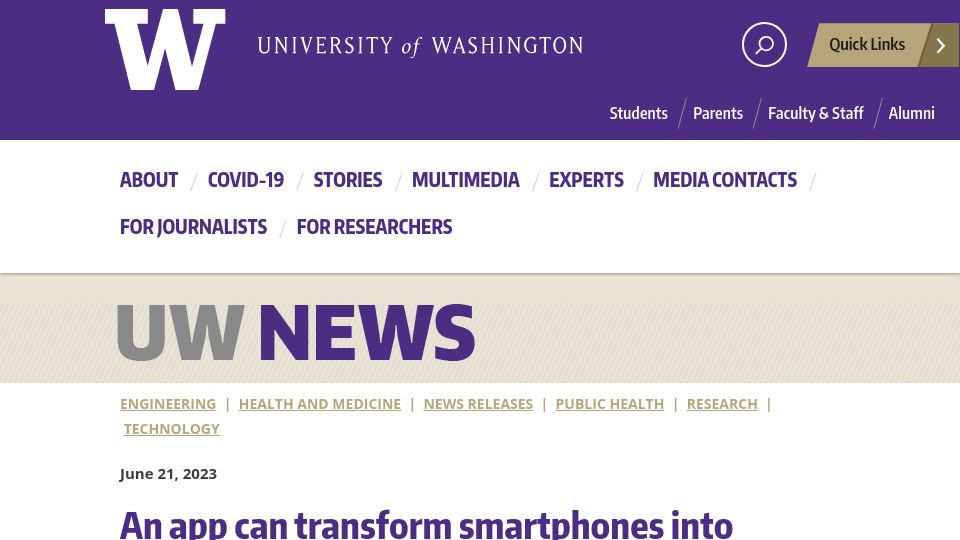 Screenshot of washington.edu: An app can transform smartphones into thermometers that accurately detect fevers