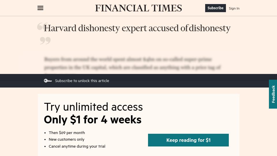 Screenshot of ft.com: Harvard dishonesty expert accused of dishonesty