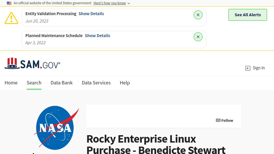 Screenshot of sam.gov: NASA secures contract with Rocky Enterprise Linux