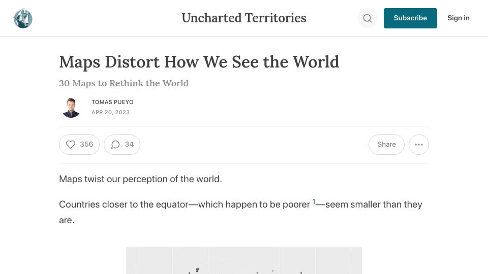Screenshot of unchartedterritories.tomaspueyo.com: Maps distort how we see the world