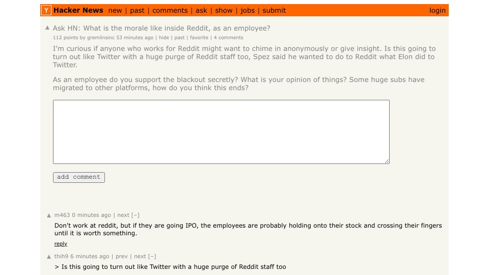 Screenshot of Hacker News post: Ask HN: What is the morale like inside Reddit, as an employee?