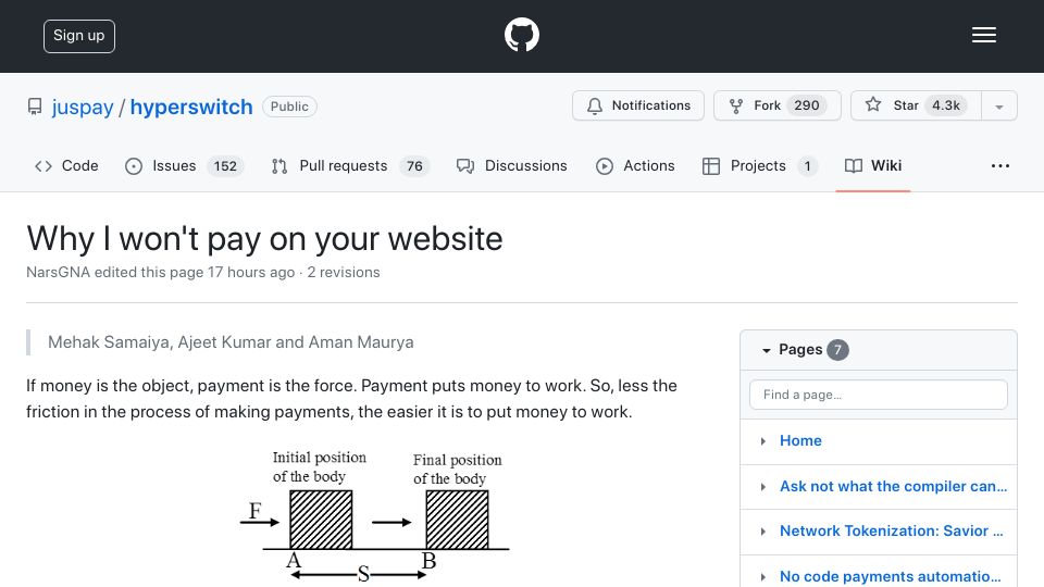 Screenshot of github.com: I won't pay on your website
