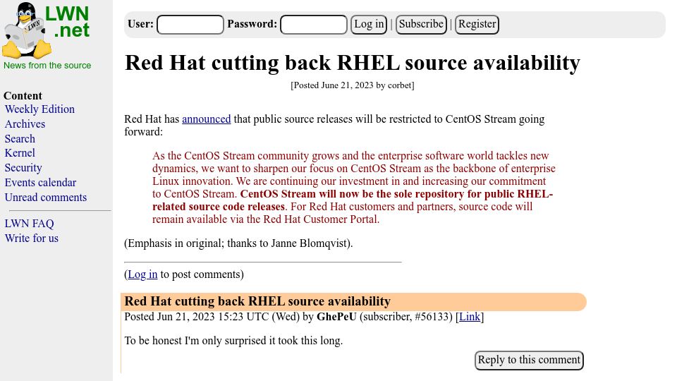 Screenshot of lwn.net: Red Hat cutting back RHEL source availability