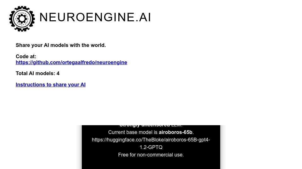 Screenshot of neuroengine.ai: A site to share LLMs APIs via Tor
