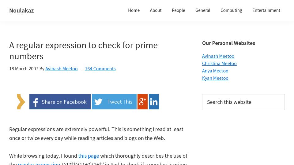 Screenshot of noulakaz.net: A regular expression to check for prime numbers (2007)