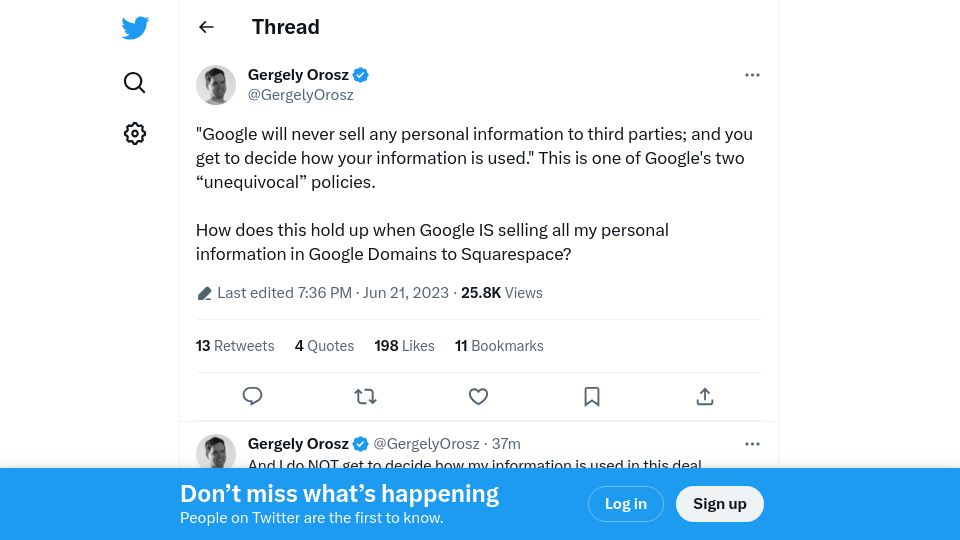 Screenshot of twitter.com: Google IS selling all my personal information in Google Domains to Squarespace?