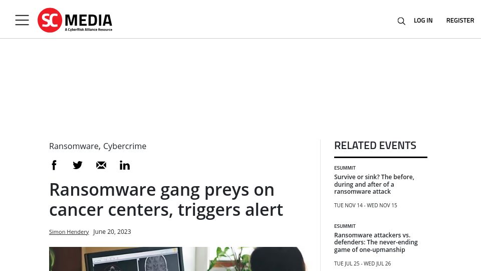 Screenshot of scmagazine.com: Ransomware gang preys on cancer centers, triggers alert