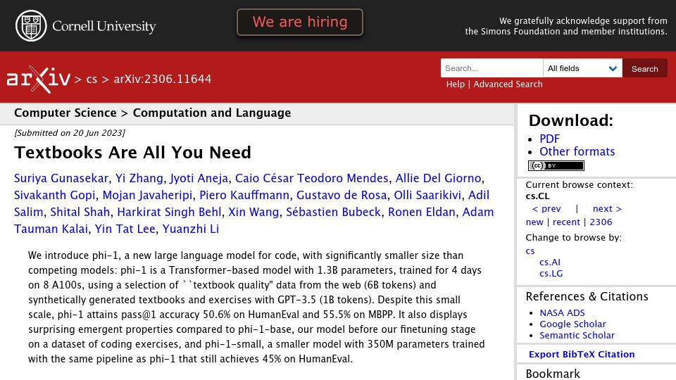 Screenshot of arxiv.org: Textbooks are all you need