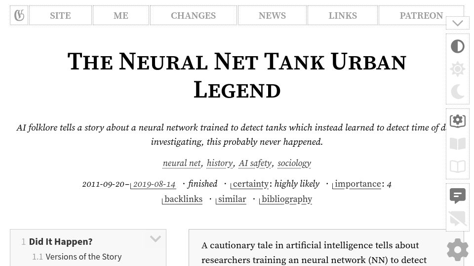 Screenshot of gwern.net: The Neural Net Tank Urban Legend