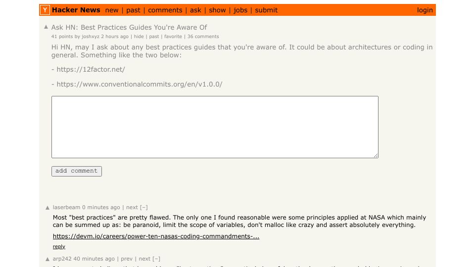 Screenshot of Hacker News post: Ask HN: Best Practices Guides You're Aware Of