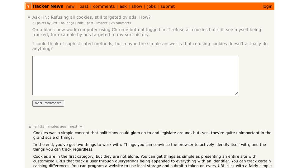 Screenshot of Hacker News post: Ask HN: Refusing all cookies, still targeted by ads. How?