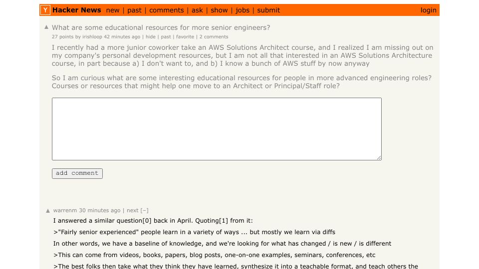 Screenshot of Hacker News post: Ask HN: What are some educational resources for more senior engineers?