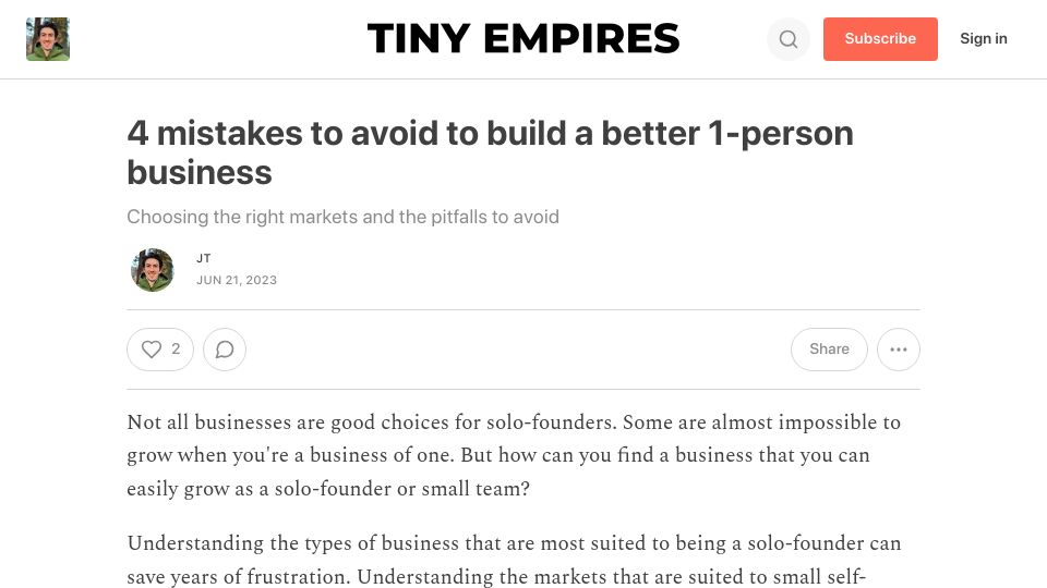 Screenshot of tinyempires.substack.com: Mistakes to avoid to build a better 1-person business