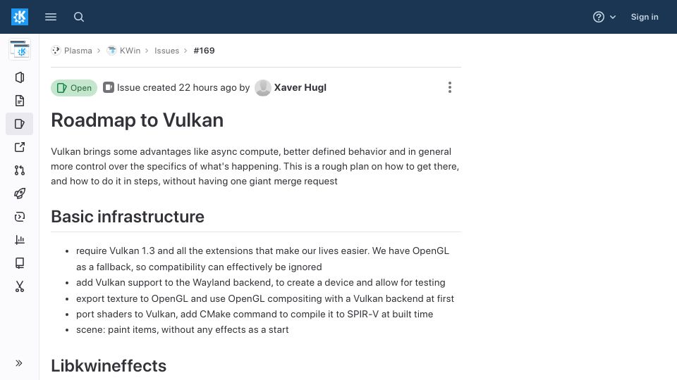 Screenshot of invent.kde.org: Roadmap to Vulkan for KDE window manager KWin