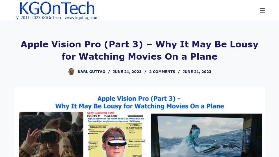 Screenshot of kguttag.com: Apple Vision Pro – Why It May Be Lousy for Watching Movies on a Plane