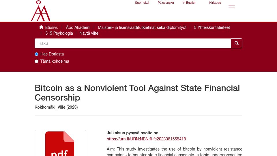 Screenshot of doria.fi: Bitcoin as a Nonviolent Tool Against State Financial Censorship