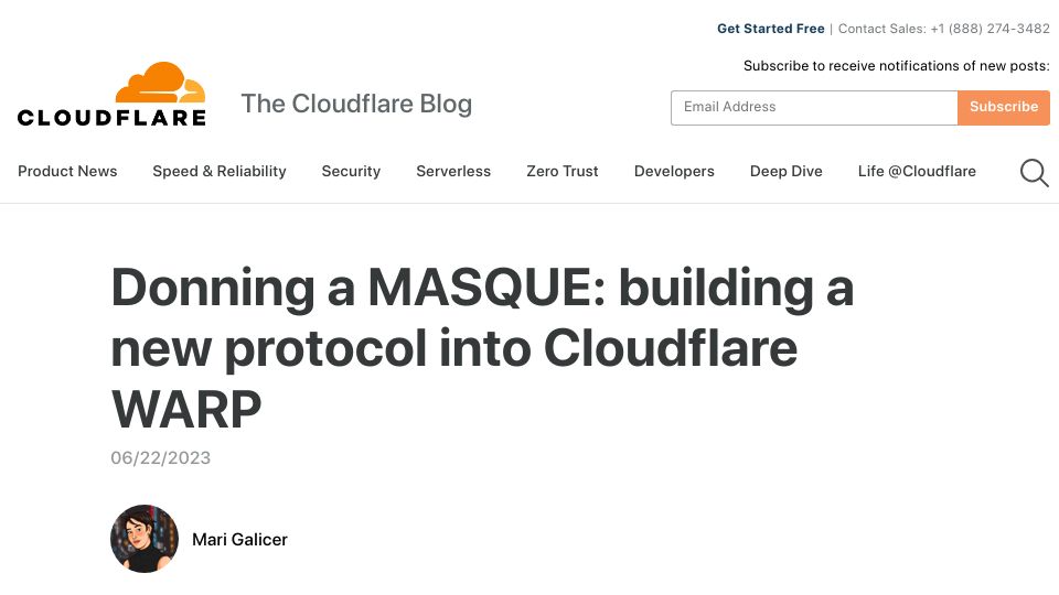 Screenshot of blog.cloudflare.com: Cloudflare's VPN Warp Is Switching from WireGuard to Masque