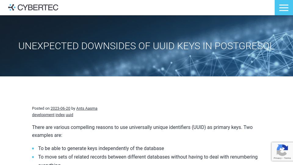 Screenshot of cybertec-postgresql.com: Unexpected downsides of UUID keys in PostgreSQL