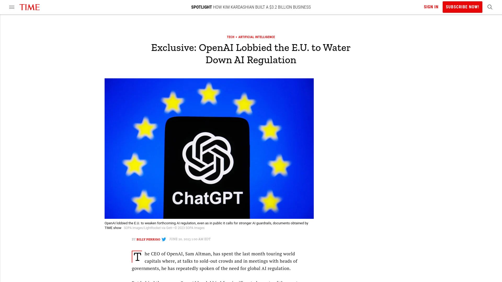 Screenshot of time.com: OpenAI Lobbied the E.U. To Water Down AI Regulation