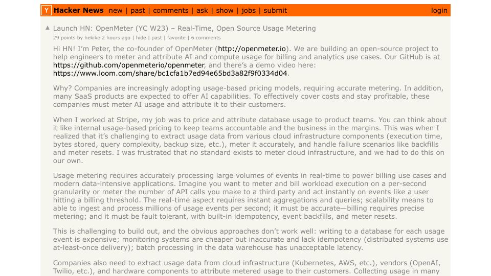 Screenshot of Hacker News post: Launch HN: OpenMeter (YC W23) – Real-Time, Open Source Usage Metering