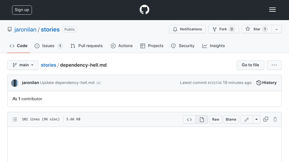 Screenshot of github.com: Show HN: Dependency Hell (Short Story)