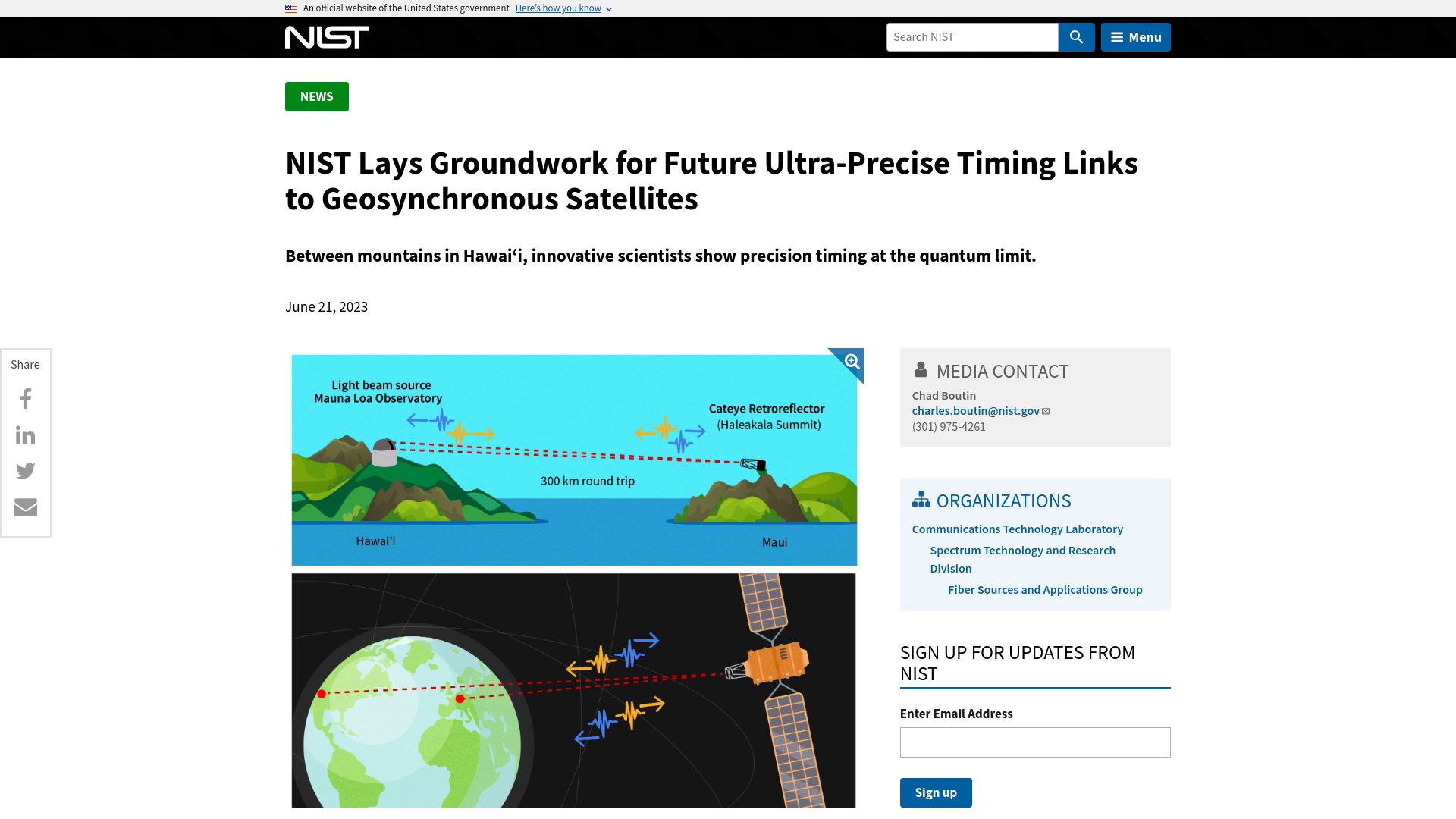 Screenshot of nist.gov: Future ultra-precise timing links to geosynchronous satellites