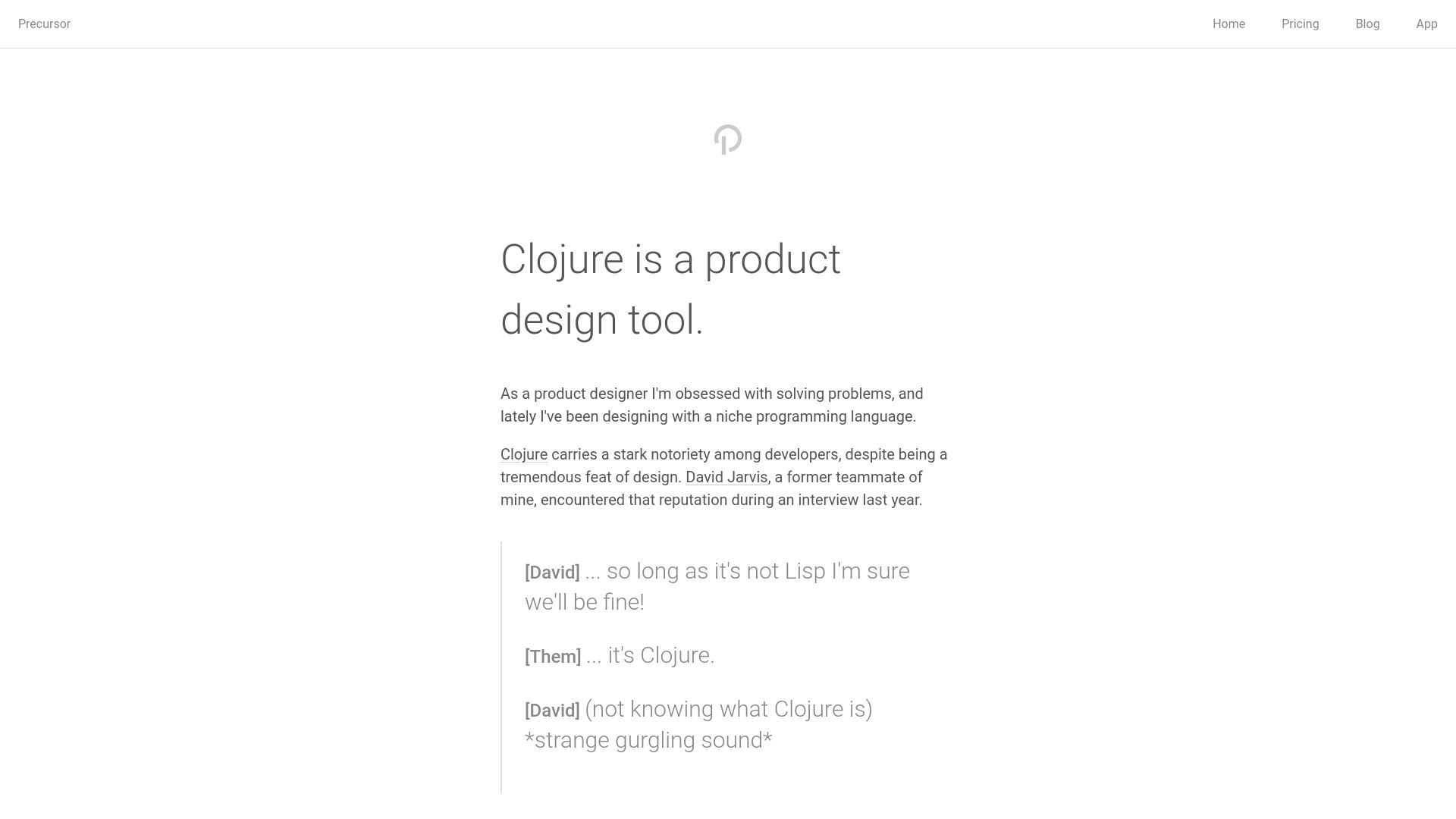 Screenshot of precursorapp.com: Clojure is a product design tool (2015)