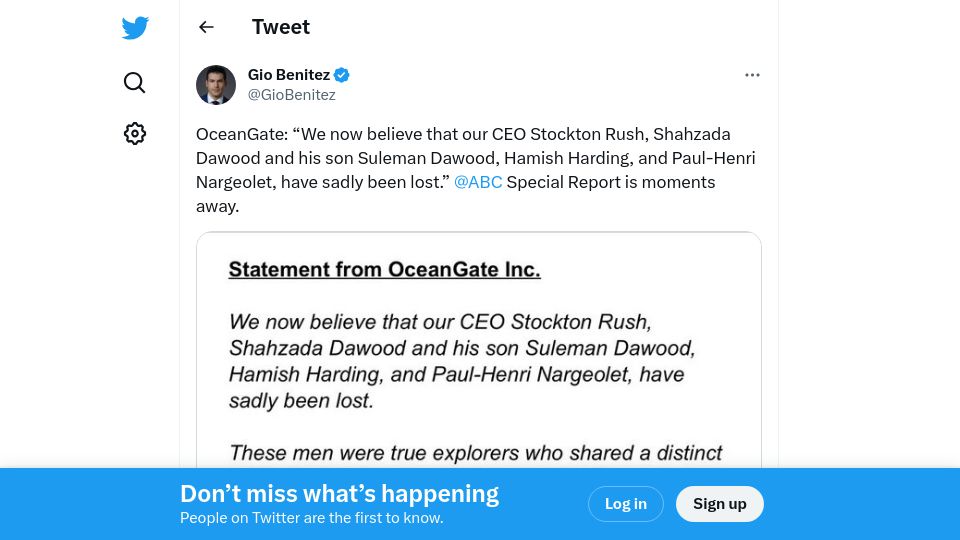 Screenshot of twitter.com: Oceangate Statement, “We now believe that [all crew] have sadly been lost.”