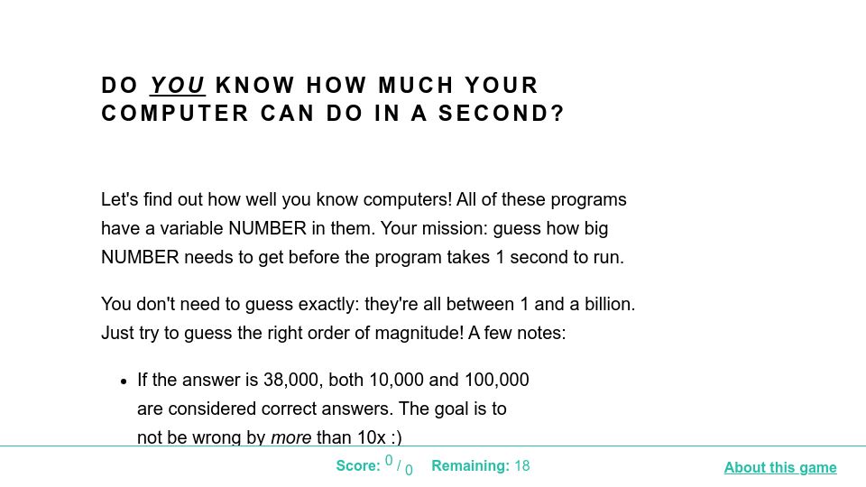 Screenshot of computers-are-fast.github.io: Do you know how much your computer can do in a second? (2015)