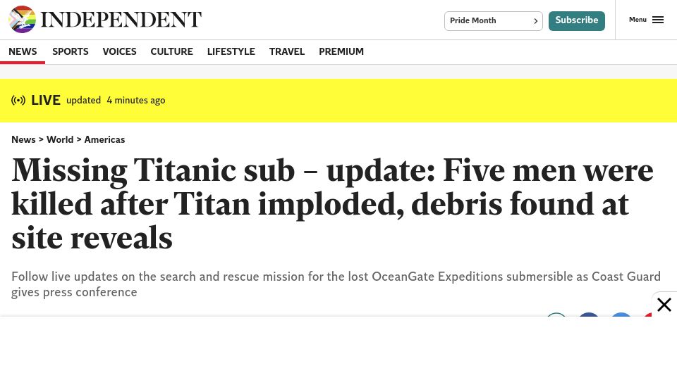 Screenshot of independent.co.uk: Titan Submersible Suffered Catastrophic Failure: Debris Field Confirmed as Titan