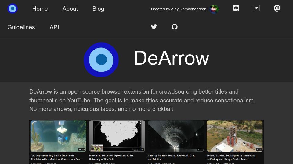 Screenshot of dearrow.ajay.app: DeArrow – Solving clickbait on YouTube